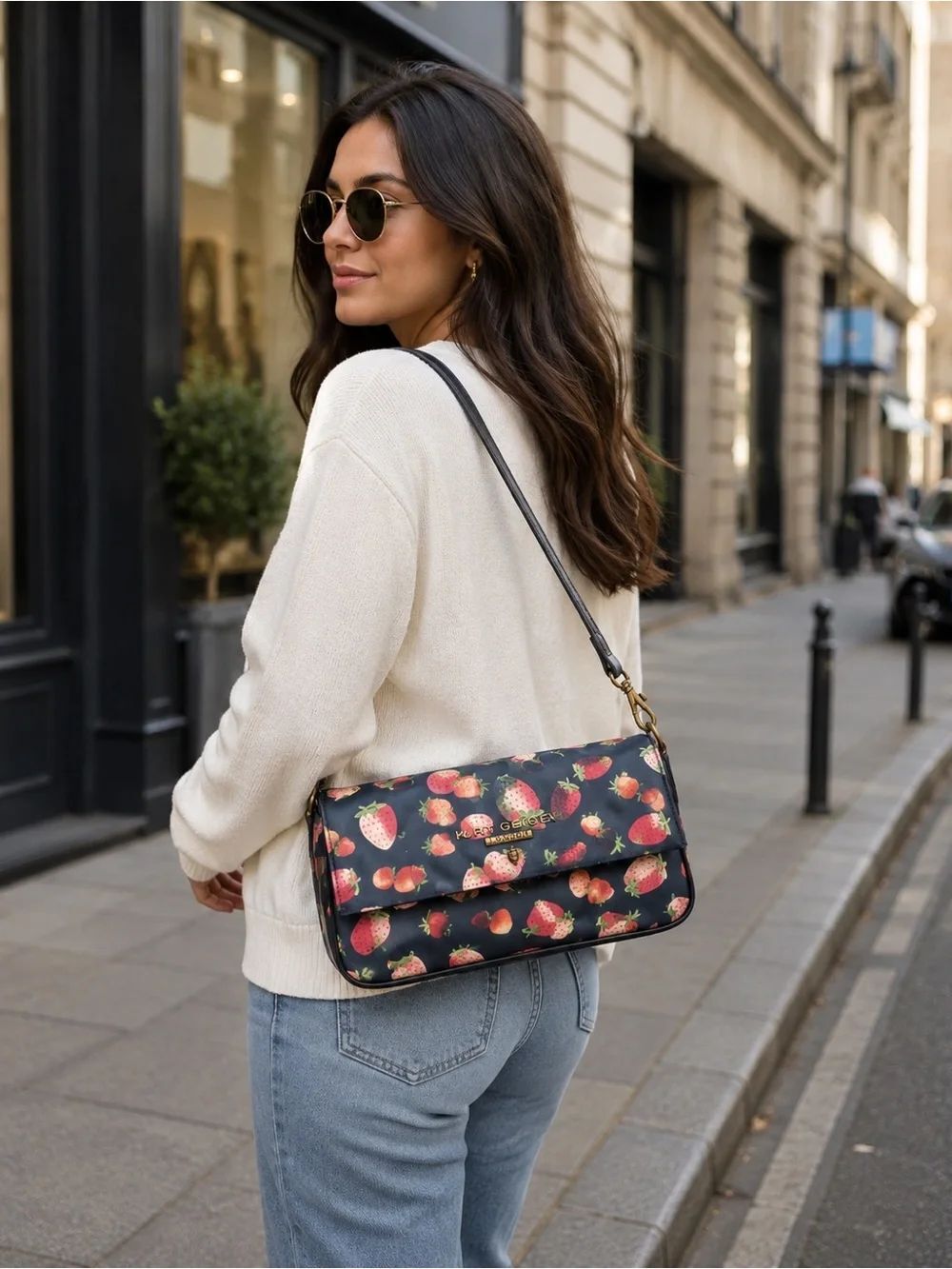 Kurt Geiger Black Shoulder Bag with Red Strawberry Print